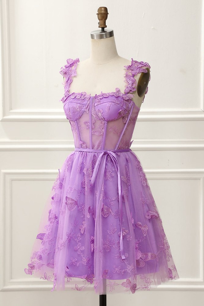 Lilac A-line Appliques Spaghetti Strap Tulle Homecoming Dress