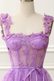 Lilac A-line Appliques Spaghetti Strap Tulle Homecoming Dress