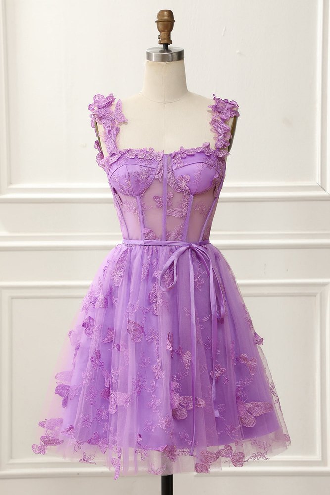 Lilac A-line Appliques Spaghetti Strap Tulle Homecoming Dress Lilac / US 2