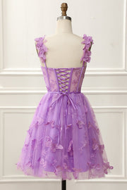 Lilac A-line Appliques Spaghetti Strap Tulle Homecoming Dress