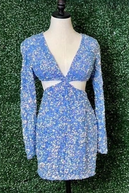 Sky Blue Deep V Long Sleeves Sheath Sequin Homecoming Dress