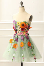 Light Green Strapless 3D Appliques Tulle Homecoming Dress