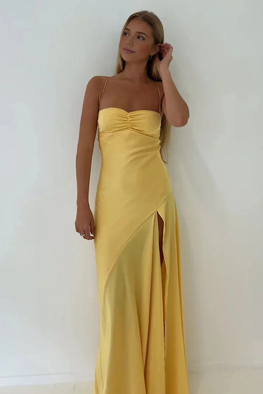 Spaghetti Straps Satin A-Line Party Prom Dress With Slit