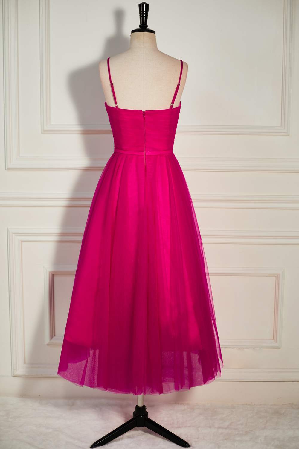 Fuchsia Straps A-line Tulle Tea-Length Prom Dress