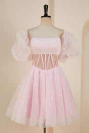 Pink A-line Strapless Homecoming Dress with Detachable Sleeves