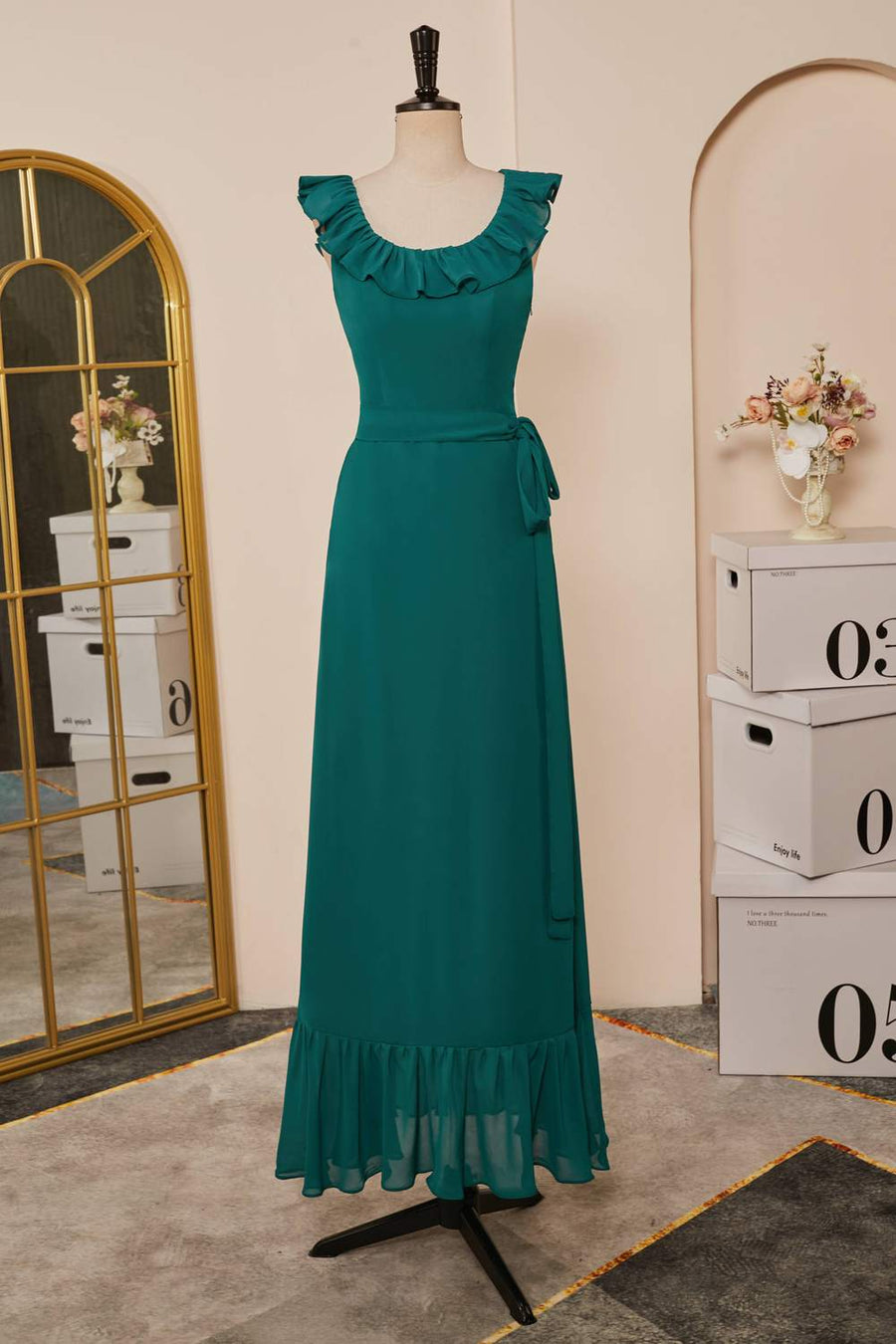 Teal Chiffon Ruffled Neckline Sleeveless Long Bridesmaid Dress Teal / Custom Size Teal Chiffon Ruffled Neckline Sleeveless Long Bridesmaid Dress Teal / Custom Size