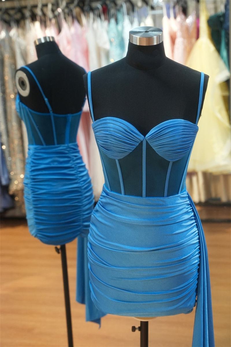 Blue Spaghetti Straps Ruched Bodycon Homecoming Dress Blue / US 12