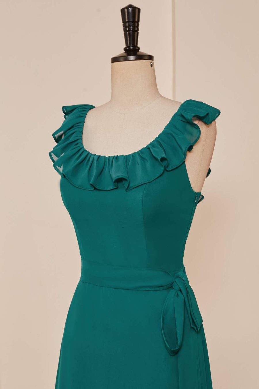 Teal Chiffon Ruffled Neckline Sleeveless Long Bridesmaid Dress
