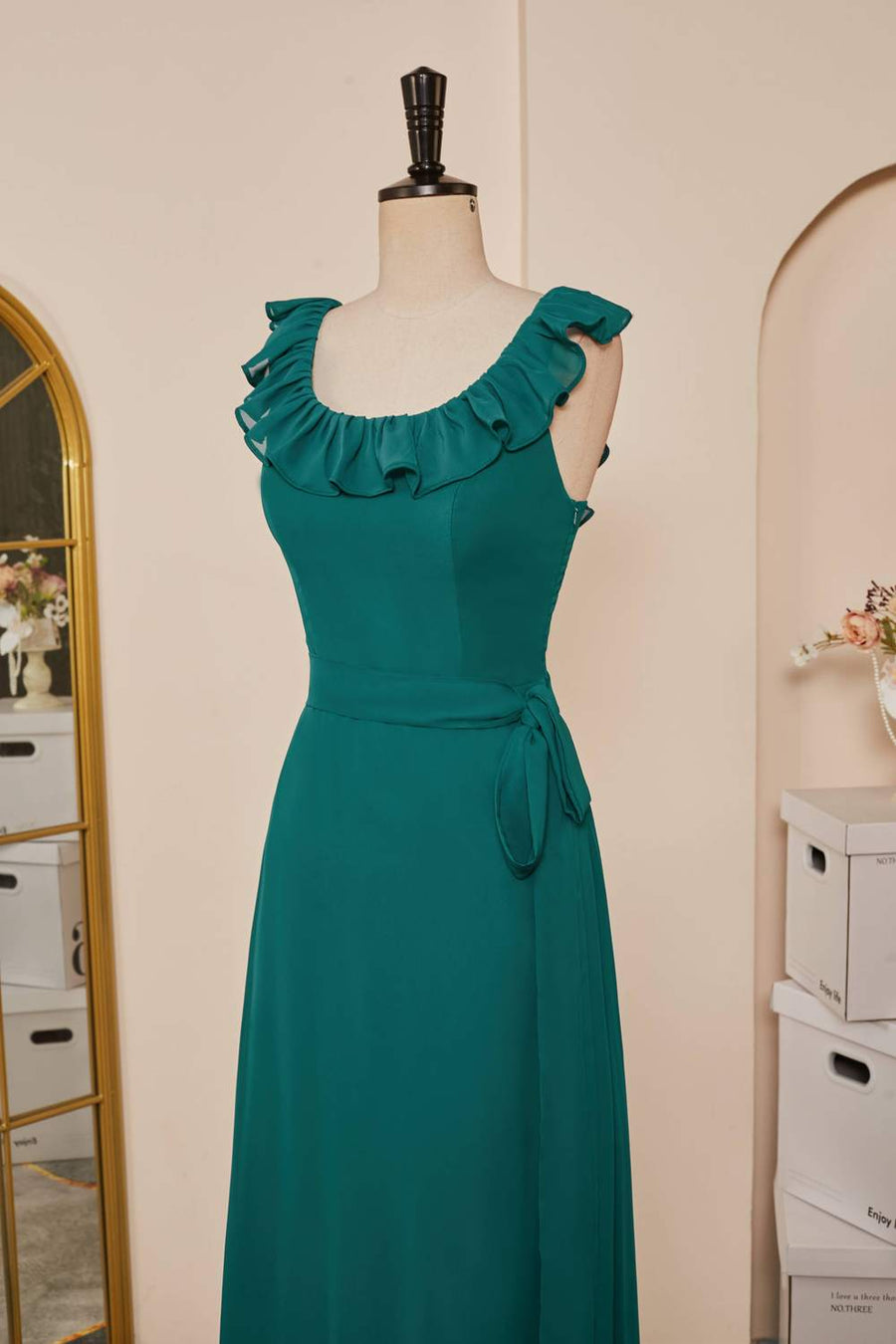 Teal Chiffon Ruffled Neckline Sleeveless Long Bridesmaid Dress
