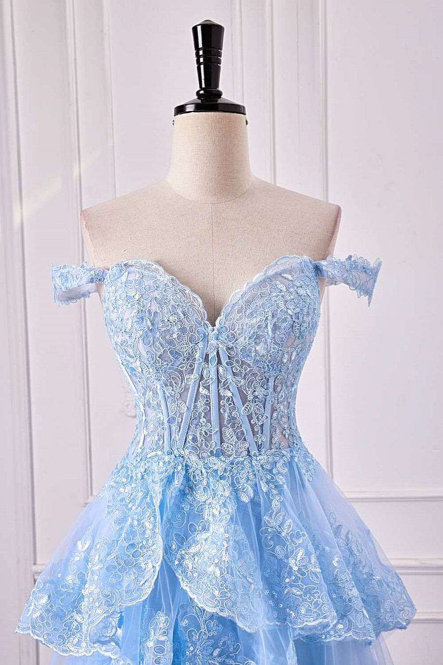 Light Blue Off-Shoulder Sequined Layers A-line Long Prom Dress with Slit