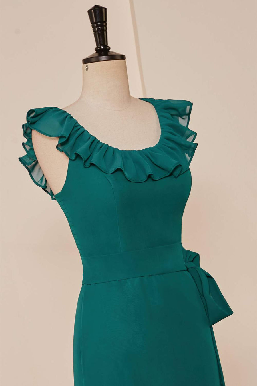 Teal Chiffon Ruffled Neckline Sleeveless Long Bridesmaid Dress