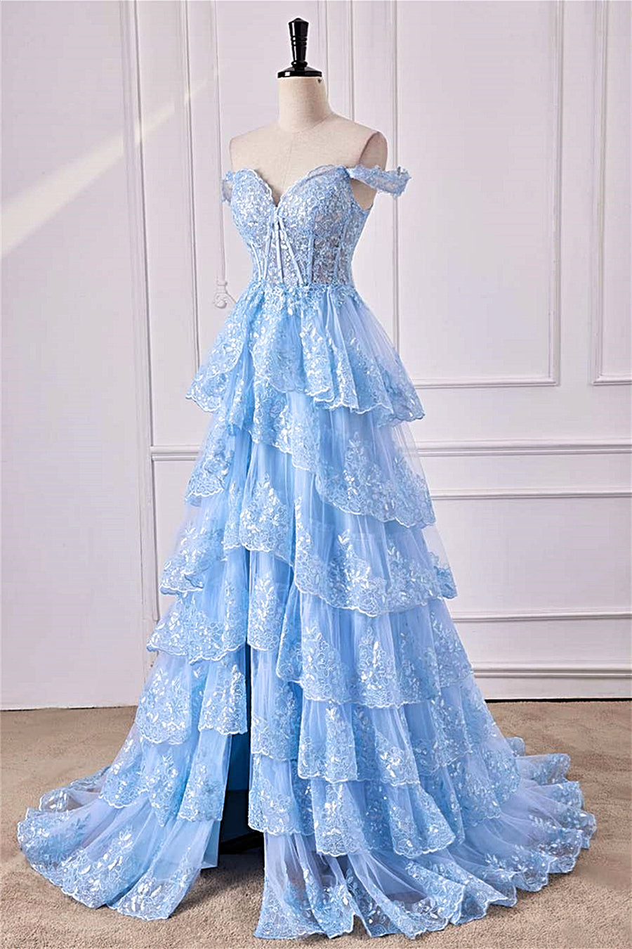 Light Blue Off-Shoulder Sequined Layers A-line Long Prom Dress with Slit
