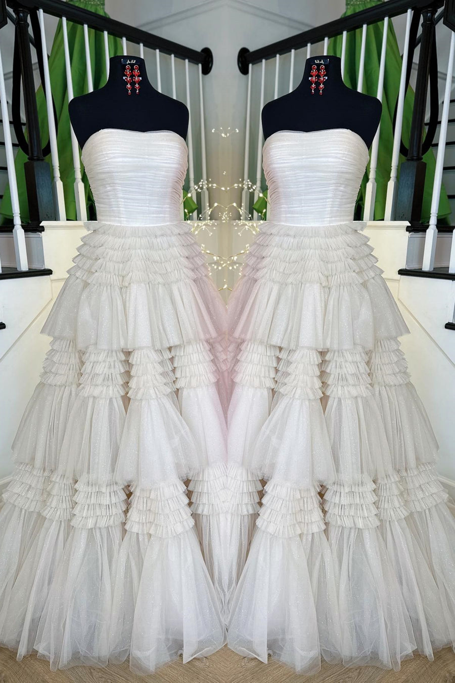 Ivory Strapless Layers A-line Tulle Long Prom Dress