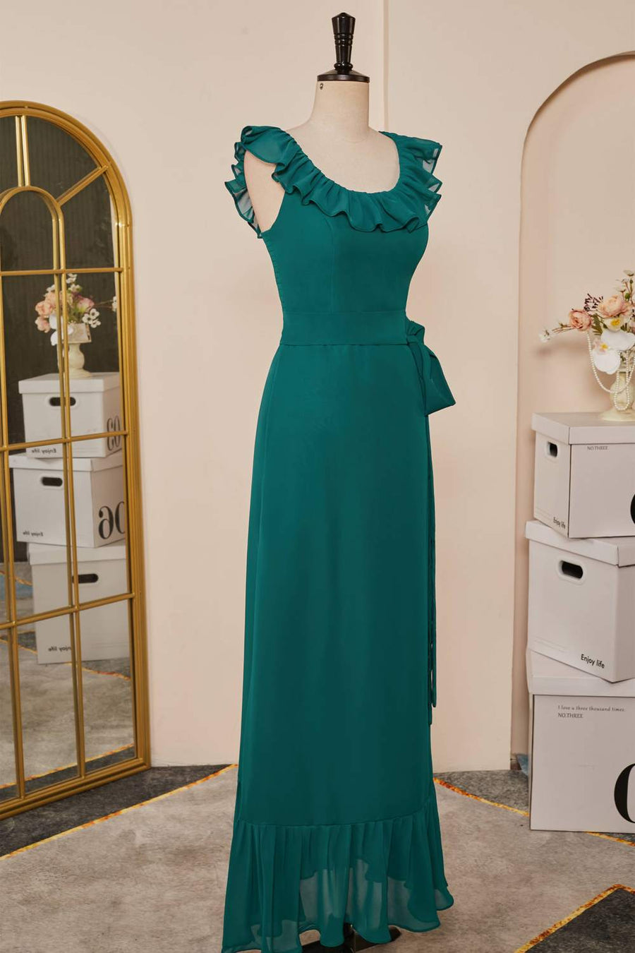 Teal Chiffon Ruffled Neckline Sleeveless Long Bridesmaid Dress Teal / Custom Size Teal Chiffon Ruffled Neckline Sleeveless Long Bridesmaid Dress Teal / Custom Size