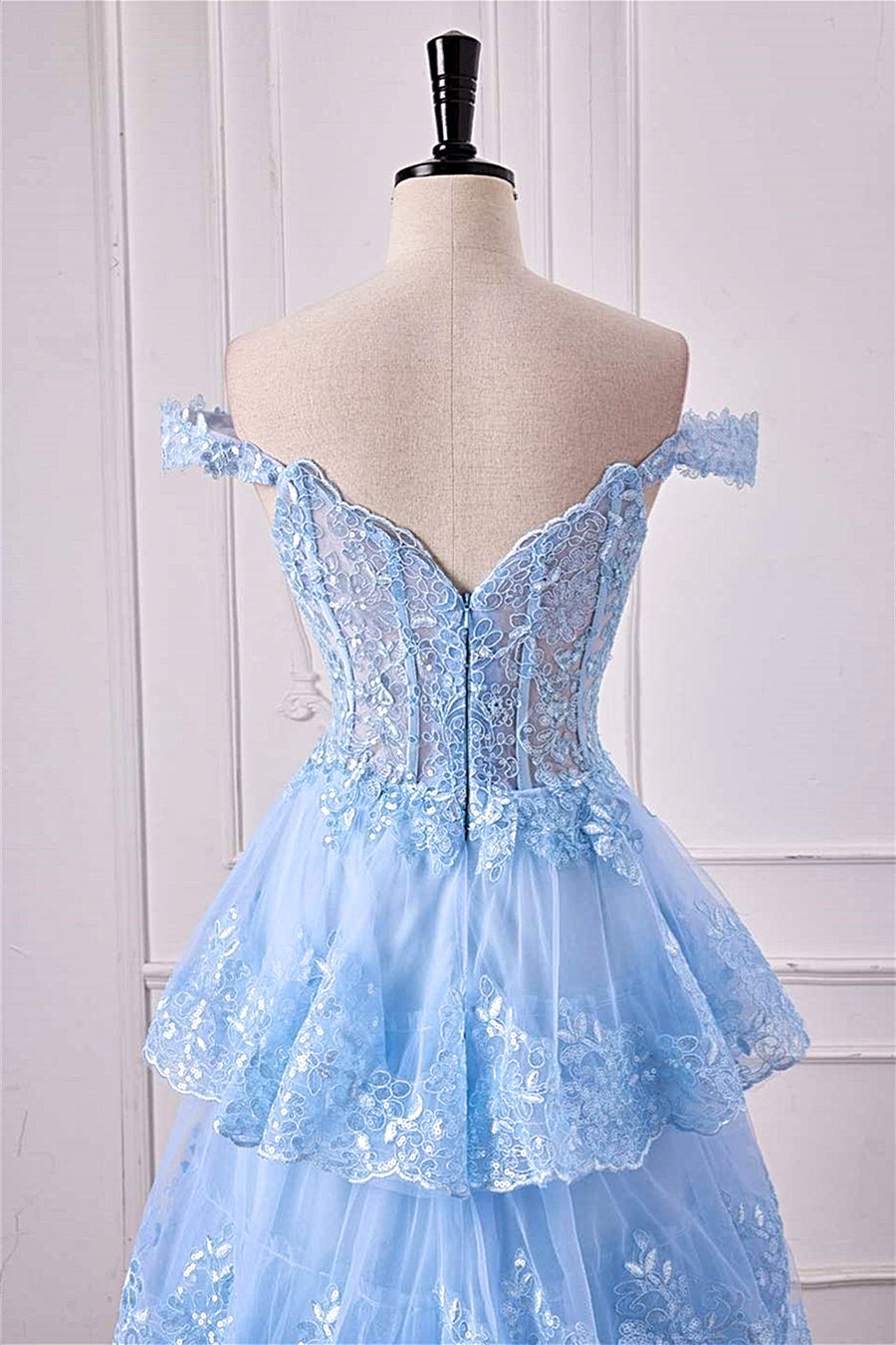 Light Blue Off-Shoulder Sequined Layers A-line Long Prom Dress with Slit
