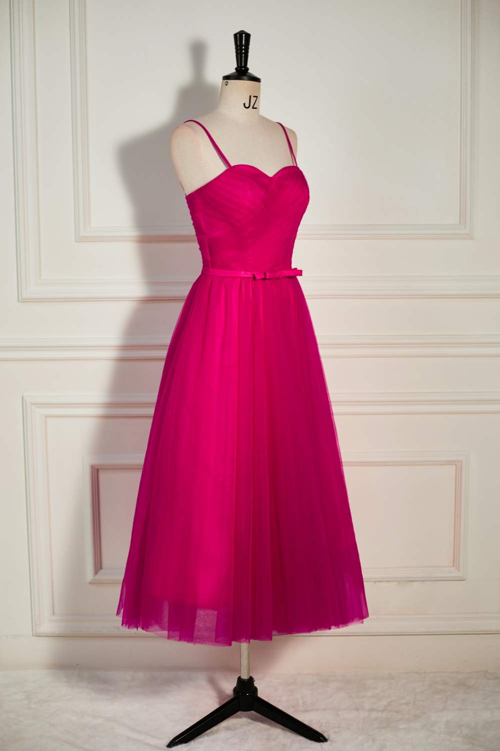 Fuchsia Straps A-line Tulle Tea-Length Prom Dress