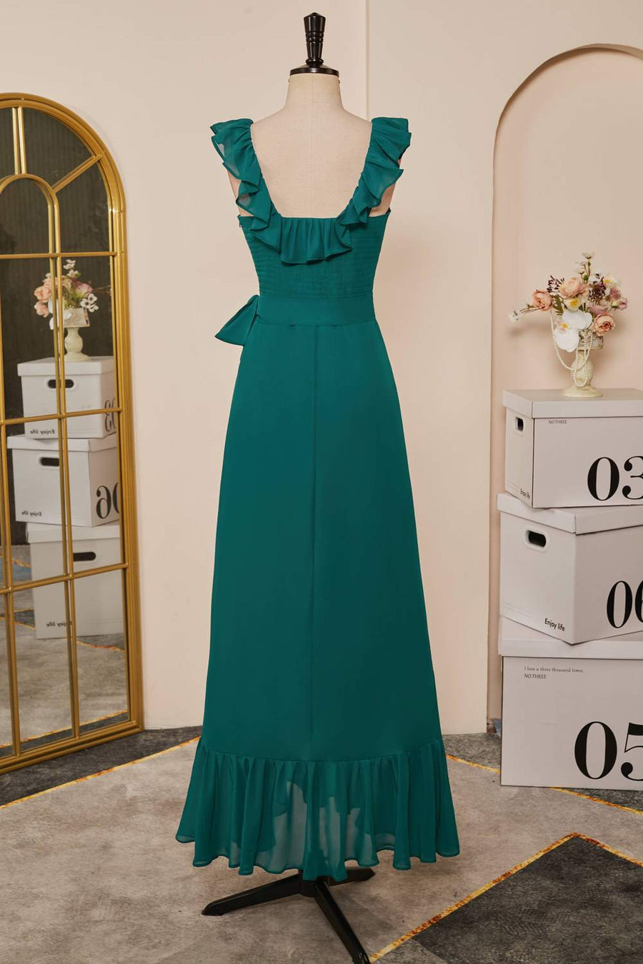 Teal Chiffon Ruffled Neckline Sleeveless Long Bridesmaid Dress