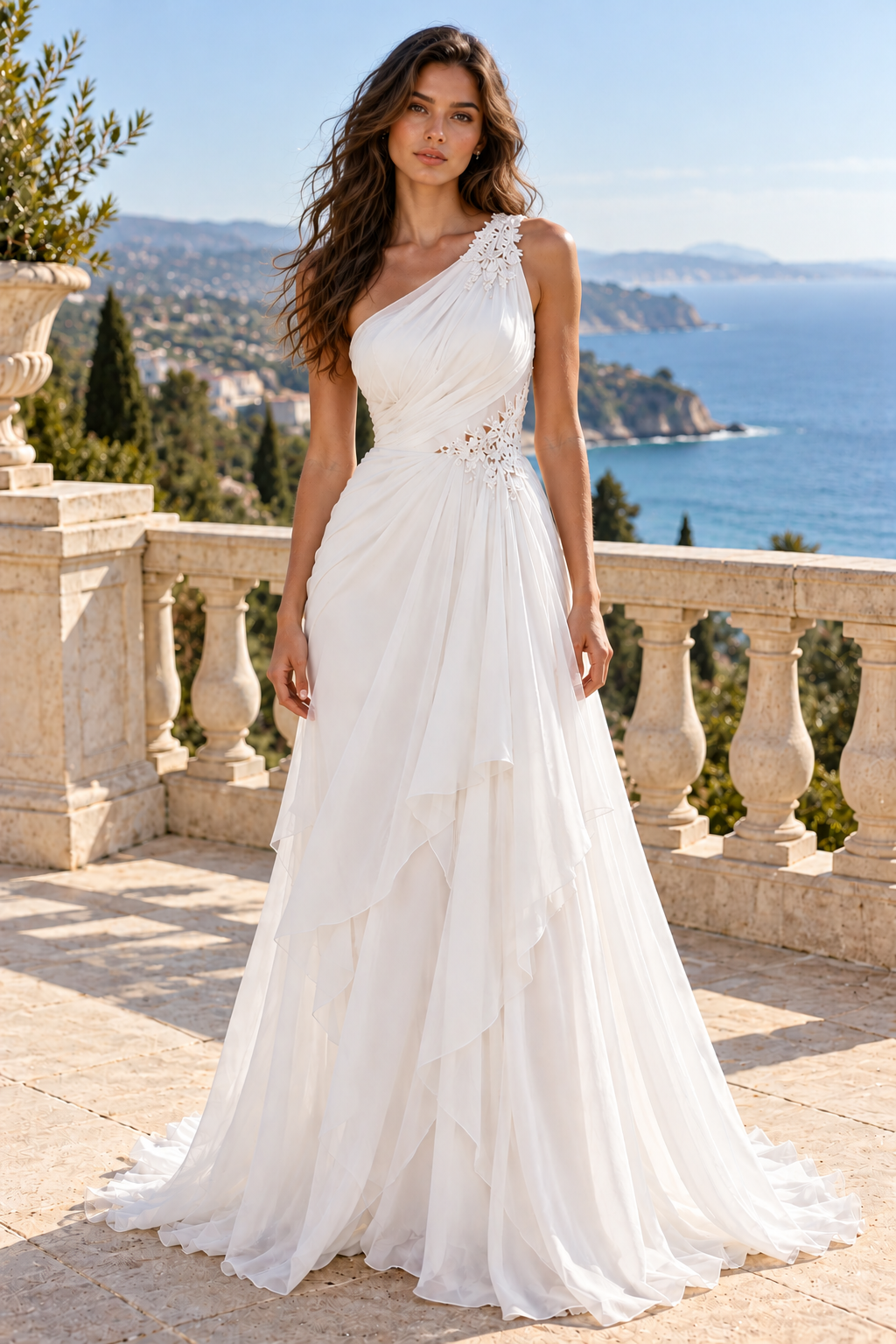 Modest Chiffon A-Line One Shoulder Sleeveless Ruffle Summer Wedding Dress