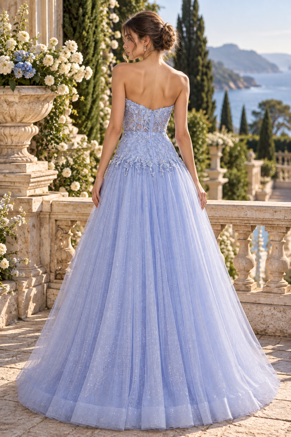 Sparkly A-Line Lace Appliques Tulle Strapless Party Prom Dress