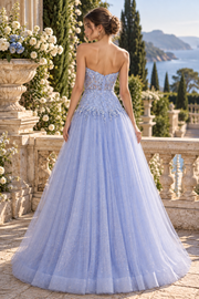 Sparkly A-Line Lace Appliques Tulle Strapless Party Prom Dress