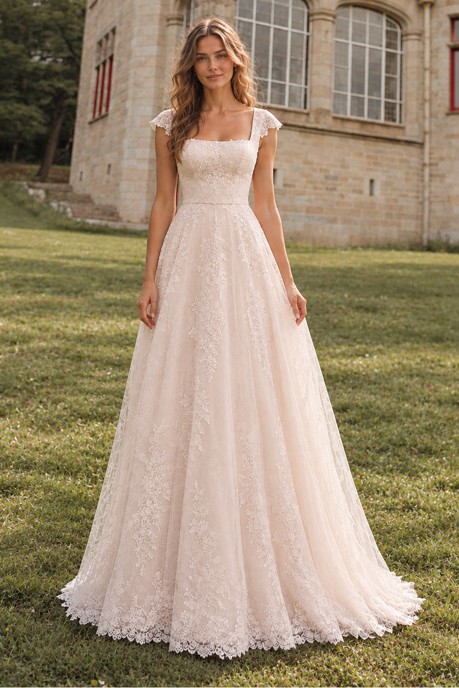 Square Cap Sleeves Backless Lace A-Line Elegant Long Wedding Dress