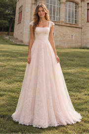 Square Cap Sleeves Backless Lace A-Line Elegant Long Wedding Dress
