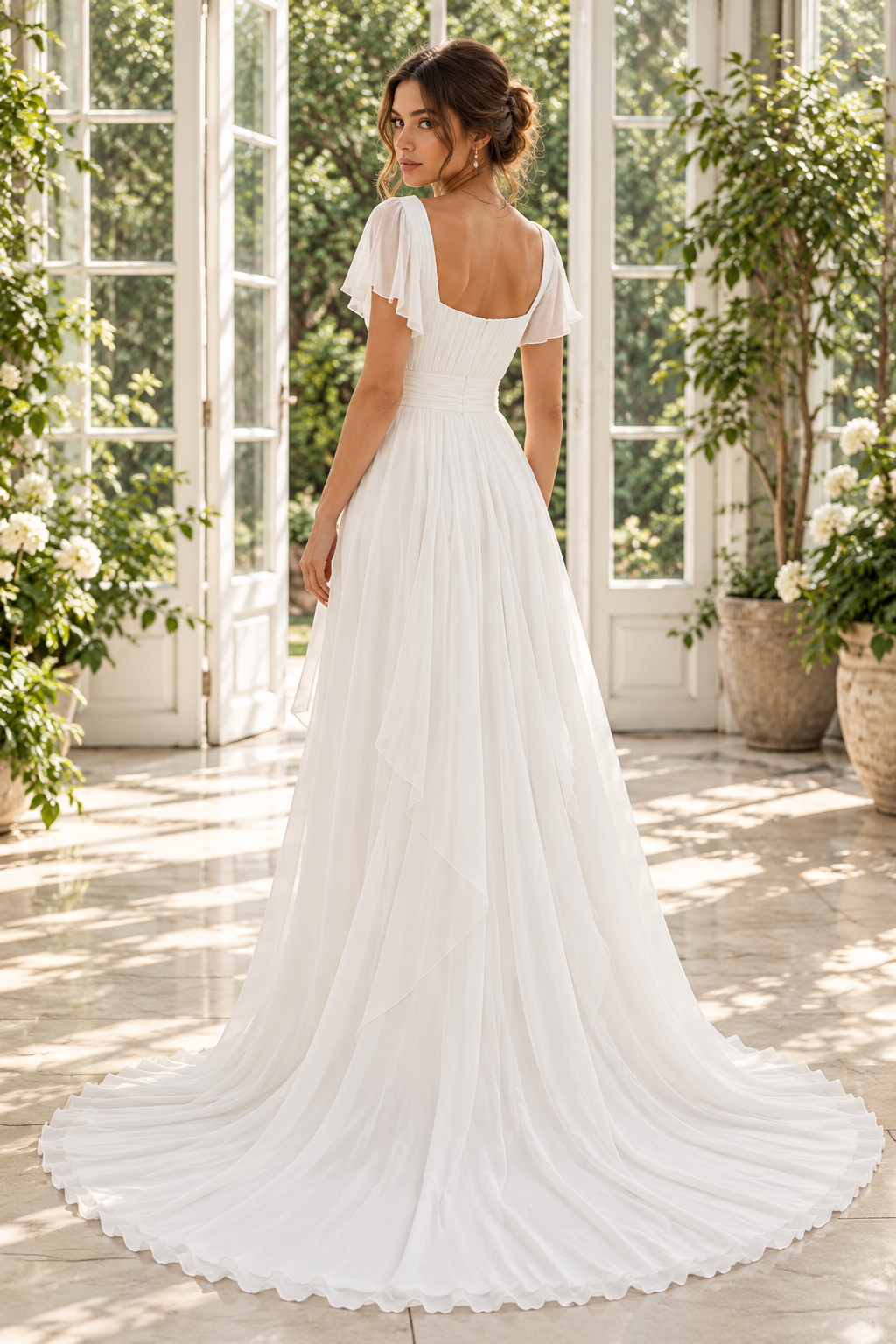 Square Short Sleeveless Empire Casual Chiffon Maxi Wedding Dress