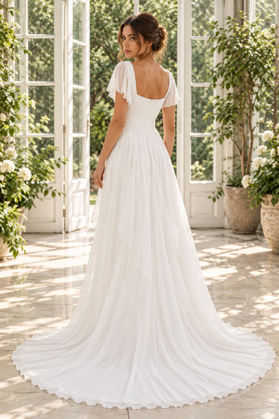 Square Short Sleeveless Empire Casual Chiffon Maxi Wedding Dress