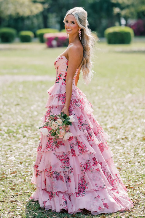 Modest A-Line Empire Sweetheart Strapless Floral Tiered Party Prom Dress