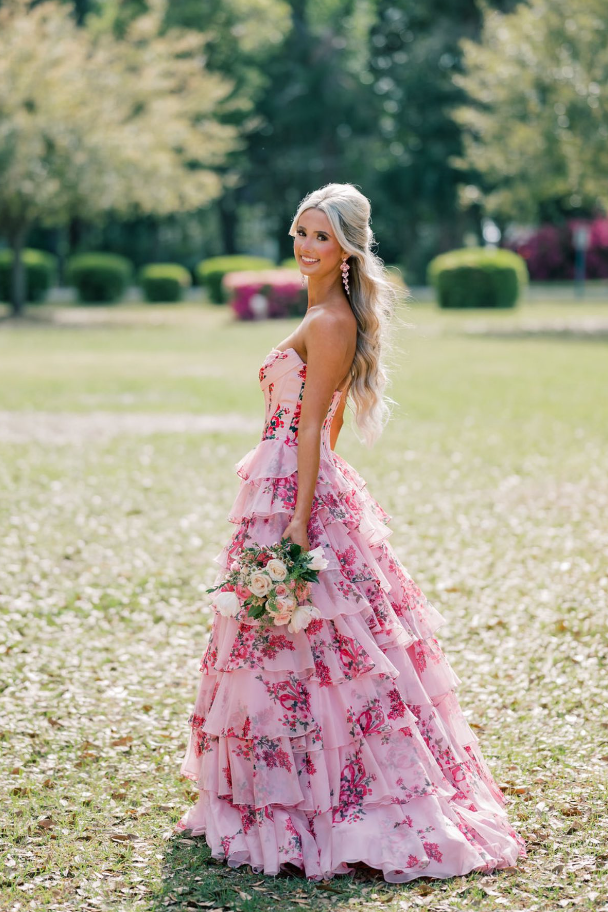Modest A-Line Empire Sweetheart Strapless Floral Tiered Party Prom Dress