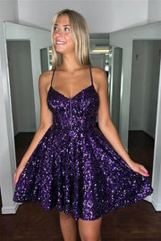 Grape Lace-Up A-line Sequins Homecoming Dress Grape / 12 Grape Lace-Up A-line Sequins Homecoming Dress Grape / 12