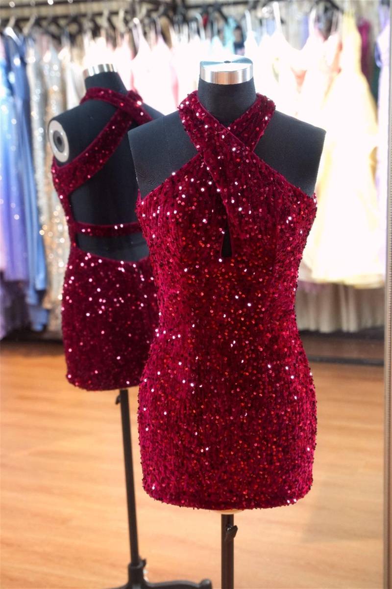 Red Halter Sheath Sequins Homecoming Dress