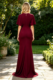 Modest Satin A-Line V-Neck Short Sleeves Mother Of The Bride Dress