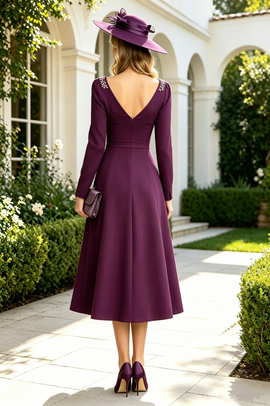 Purple Satin A-Line Scoop Long Sleeves Mother Of The Bride Dress