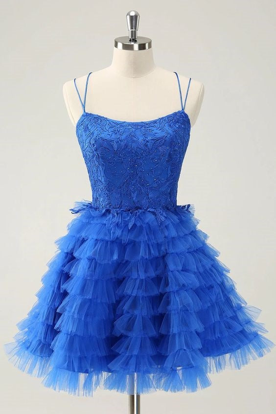 Blue Tiered Cute A Line Spaghetti Straps Homecoming Dress with Ruffles