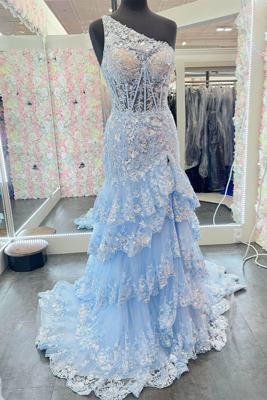 Light Blue One Shoulder Sequined Mermaid Layers Long Prom Dress with Slit