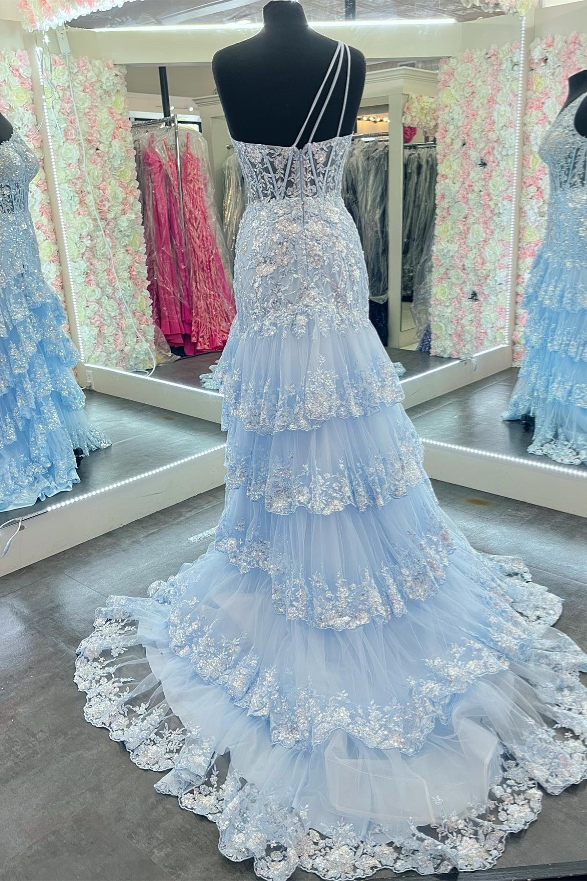 Lavender One Shoulder Sequined Mermaid Layers Long Prom Dress with Slit Dark Navy / US 12 Lavender One Shoulder Sequined Mermaid Layers Long Prom Dress with Slit Dark Navy / US 12