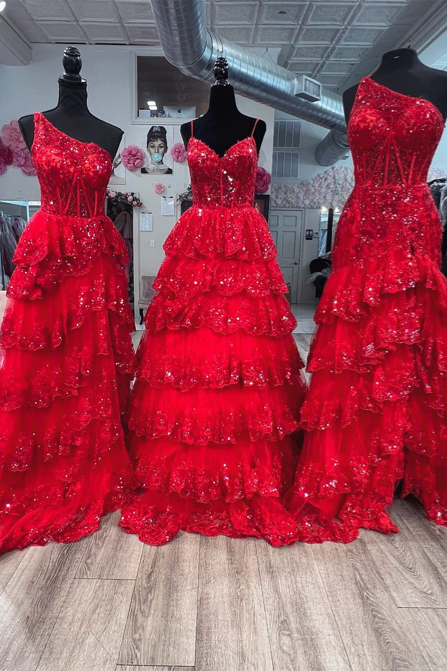 Red One Shoulder Sequined Mermaid Layers Long Prom Dress with Slit