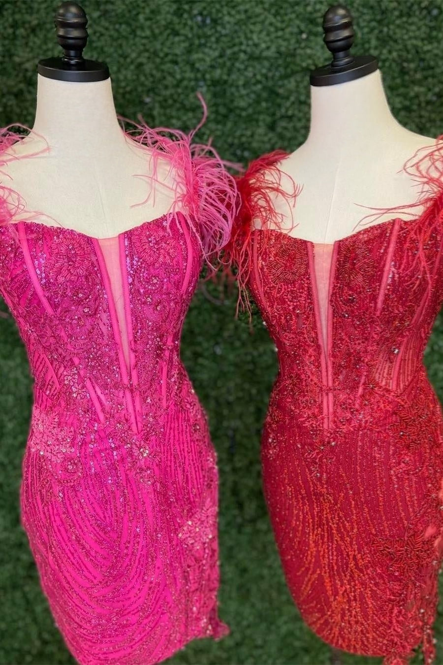 Red & Rose Pink Off-the-Shoulder Sequined Sheath Homecoming Dress with Feathers