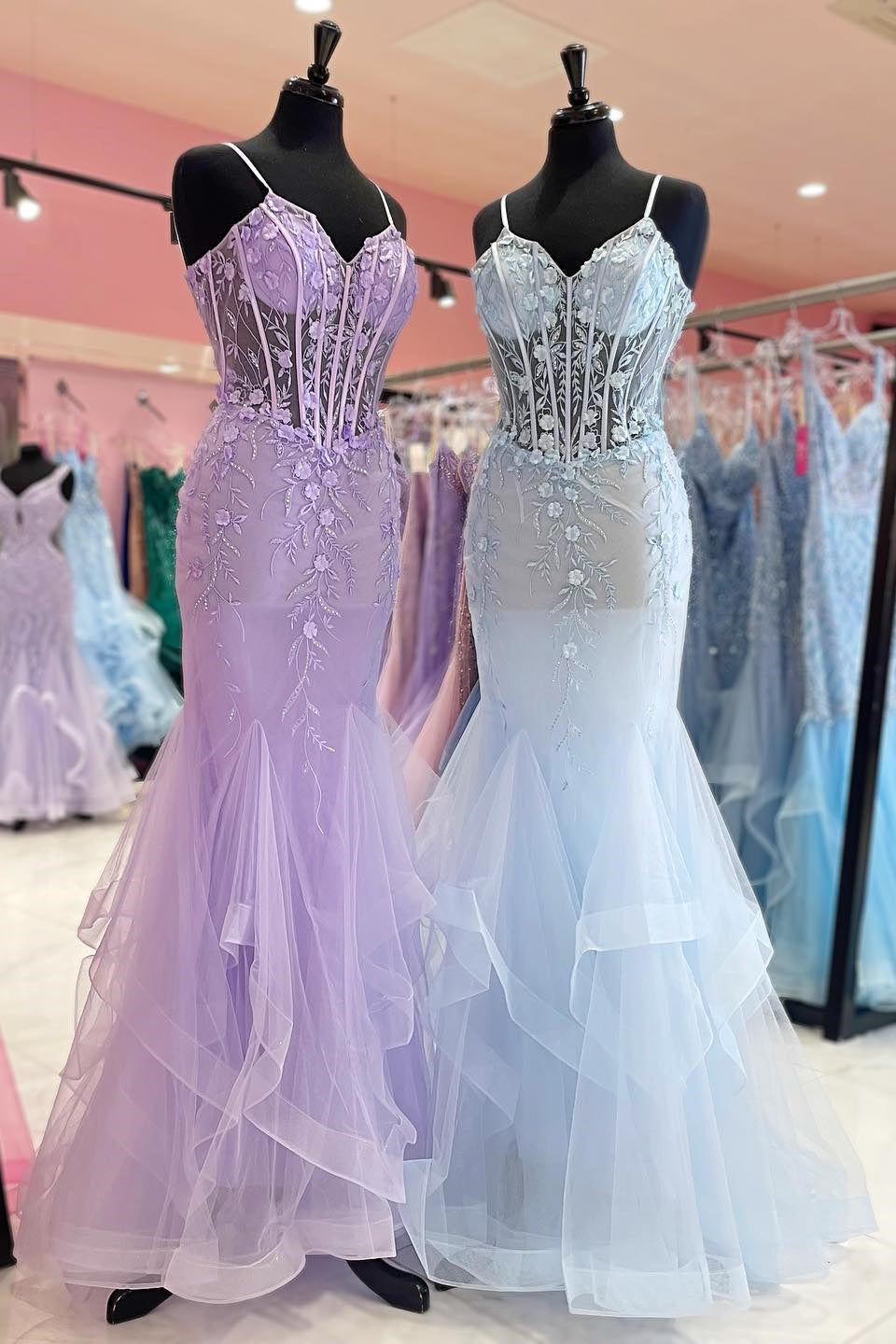 Lavender & Light Blue Lace-Up Floral Mermaid Layers Long Prom Dress