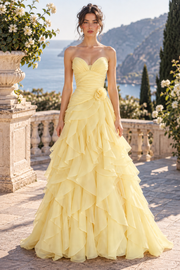 Chiffon Tiered A-Line Pleated Empire Strapless Party Prom Dress