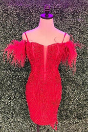 Red Off-the-Shoulder Sequined Sheath Homecoming Dress with Feathers