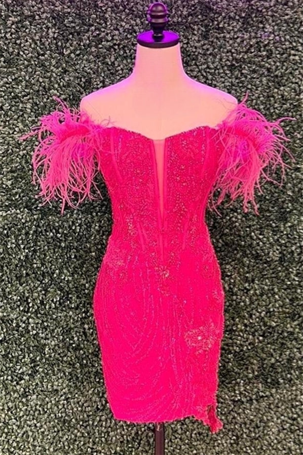 Rose Pink Off-the-Shoulder Sequined Sheath Homecoming Dress with Feathers
