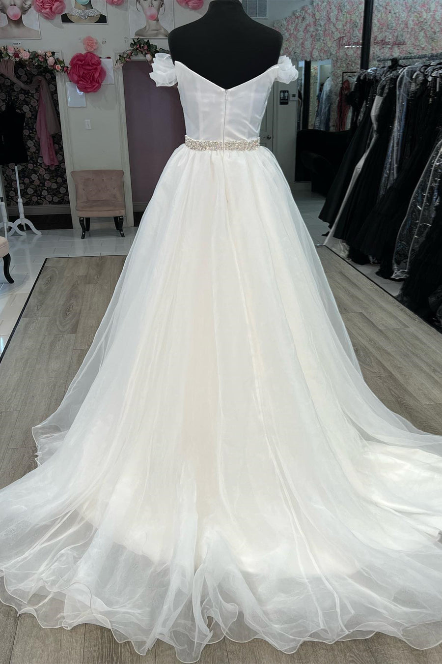 White Off-Shoulder Beaded A-line Long Prom Dress