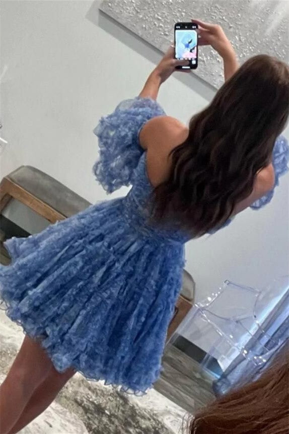 Blue Puff Sleeves Ruffles A-line Prints Homecoming Dress Blue / 4 Blue Puff Sleeves Ruffles A-line Prints Homecoming Dress Blue / 4
