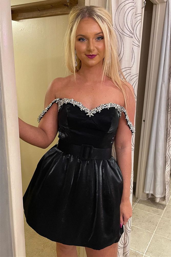 Black A-line Off-the-shoulder Sequin Satin Mini Homecoming Dress