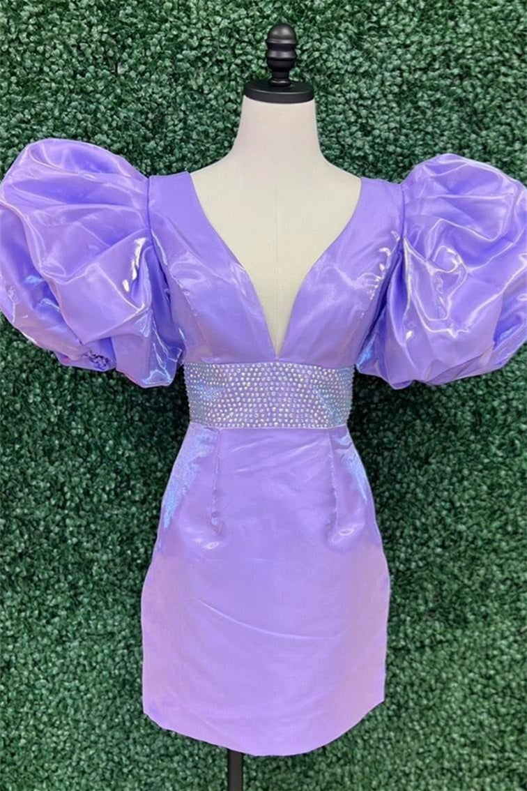 Lavender Plunging V Puff Sleeves Beaded Sheath Satin Homecoming Dress