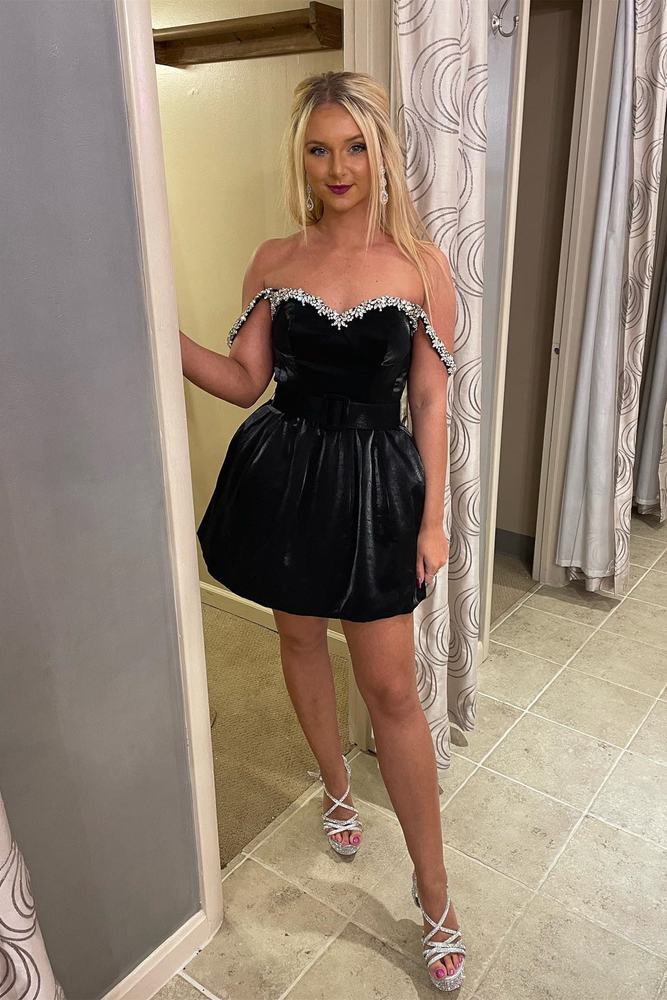 Black A-line Off-the-shoulder Sequin Satin Mini Homecoming Dress