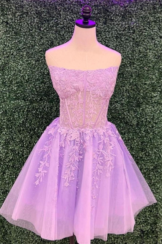 Lavender Appliques A-line Strapless Tulle Homecoming Dress