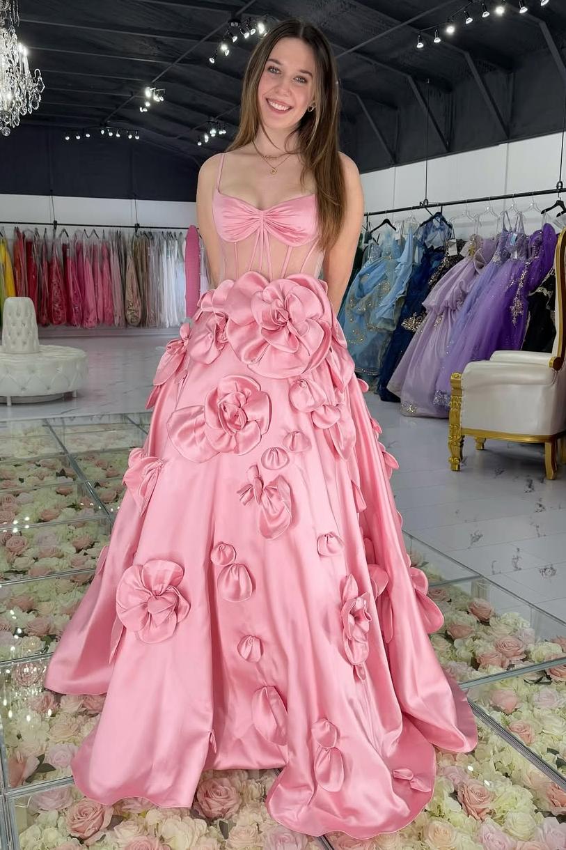 Sheer Empire Sleeveless Satin A-Line Floral Prom Dress